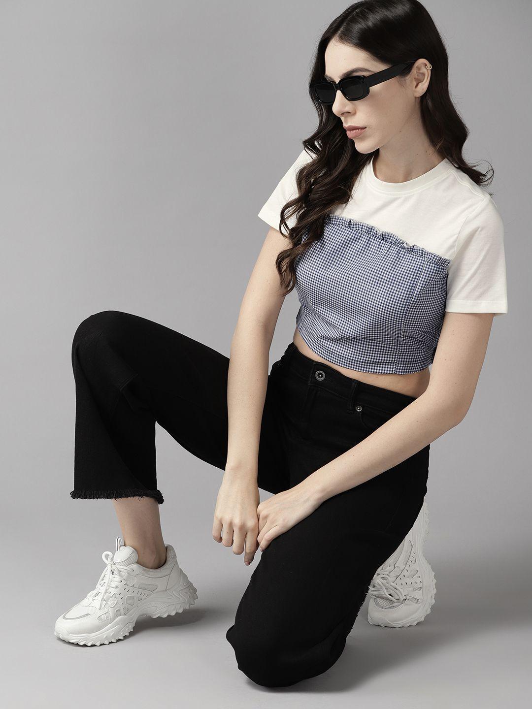 the roadster lifestyle co. checked tie-up detail crop t-shirt