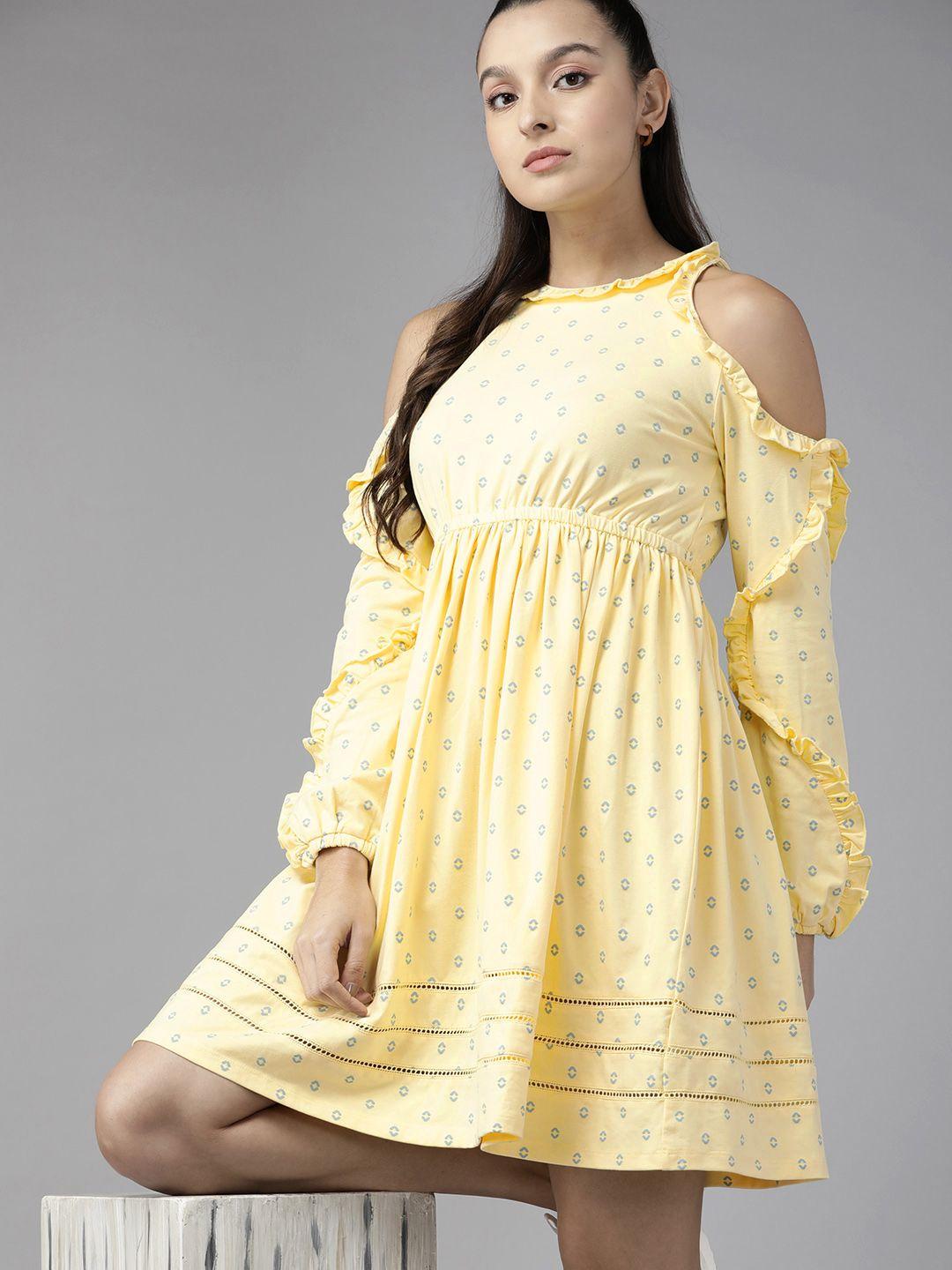 the roadster lifestyle co. cold shoulder ruffled a-line dress