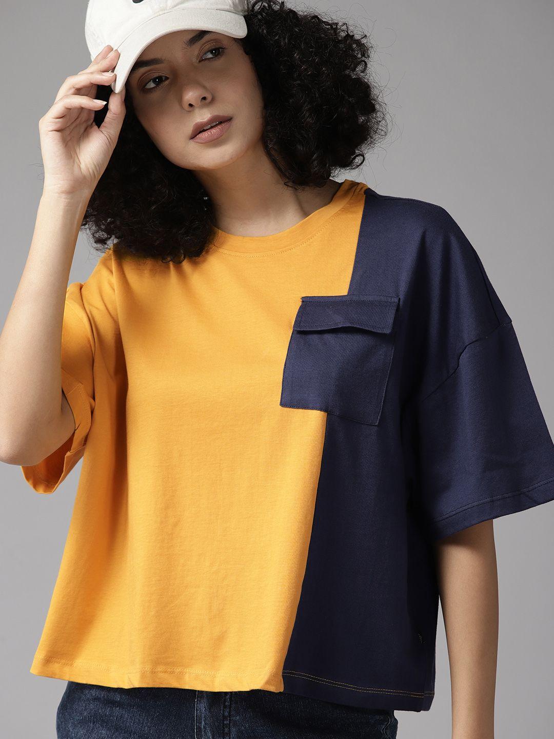 the roadster lifestyle co. colourblocked drop-shoulder sleeves boxy pure cotton t-shirt