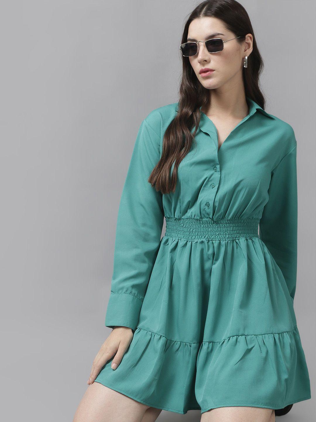 the roadster lifestyle co. cuffed sleeves smocked tiered shirt style dress