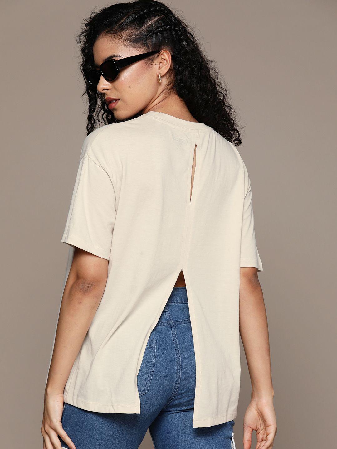 the roadster lifestyle co. drop-shoulder sleeves cut outs detailed back hem slit t-shirt