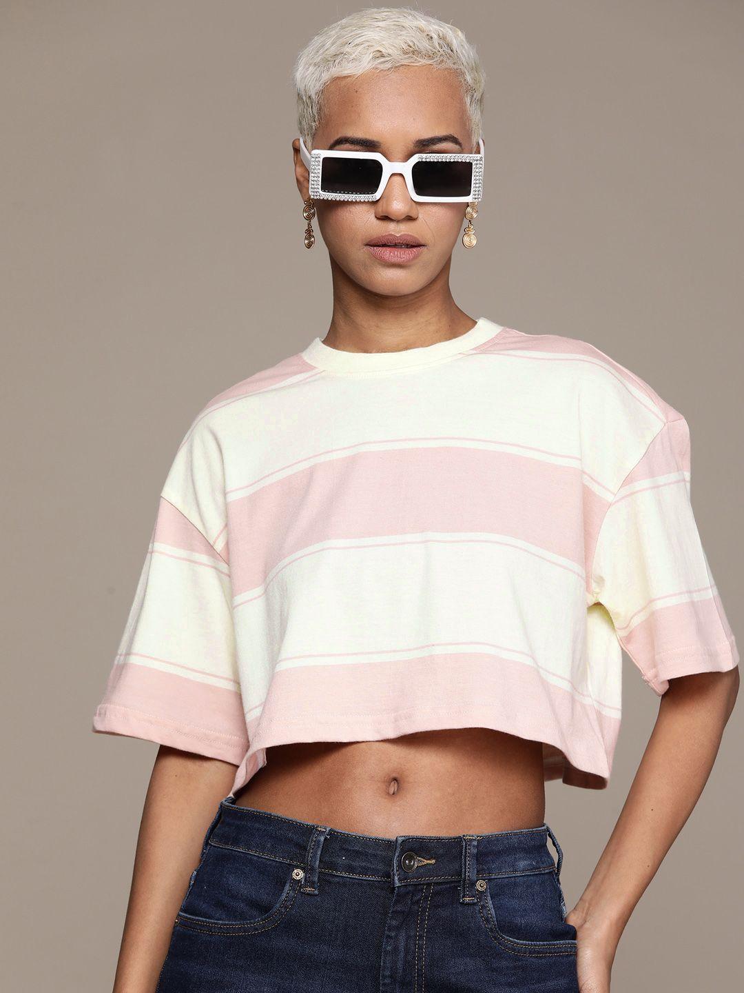the roadster lifestyle co. drop-shoulder sleeves striped pure cotton boxy t-shirt