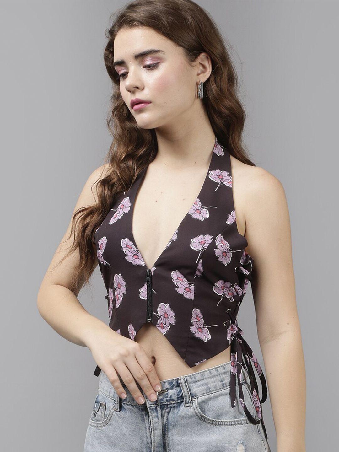 the roadster lifestyle co. floral printed halter neck satin crop top