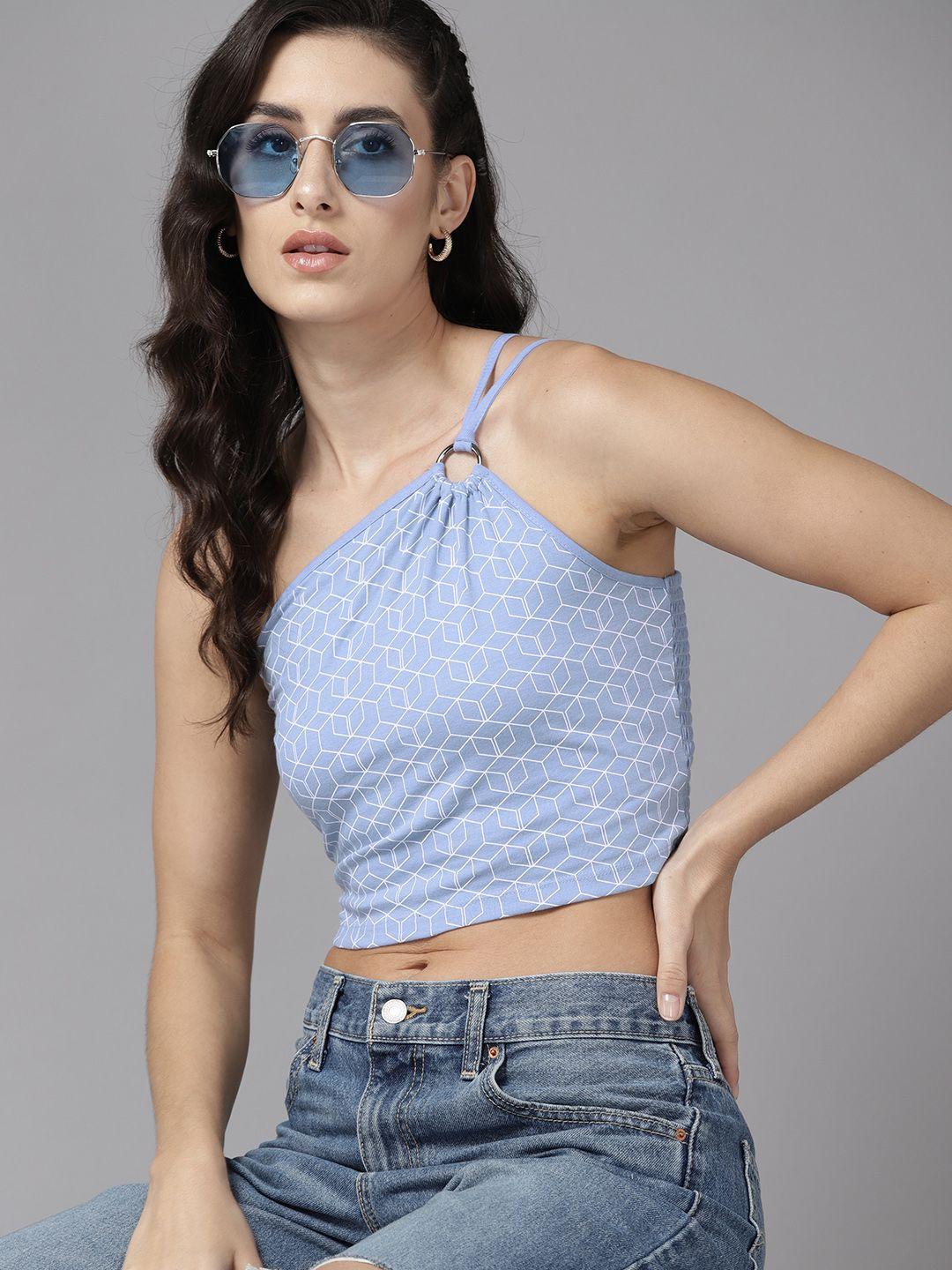 the roadster lifestyle co. geometric print one shoulder crop top