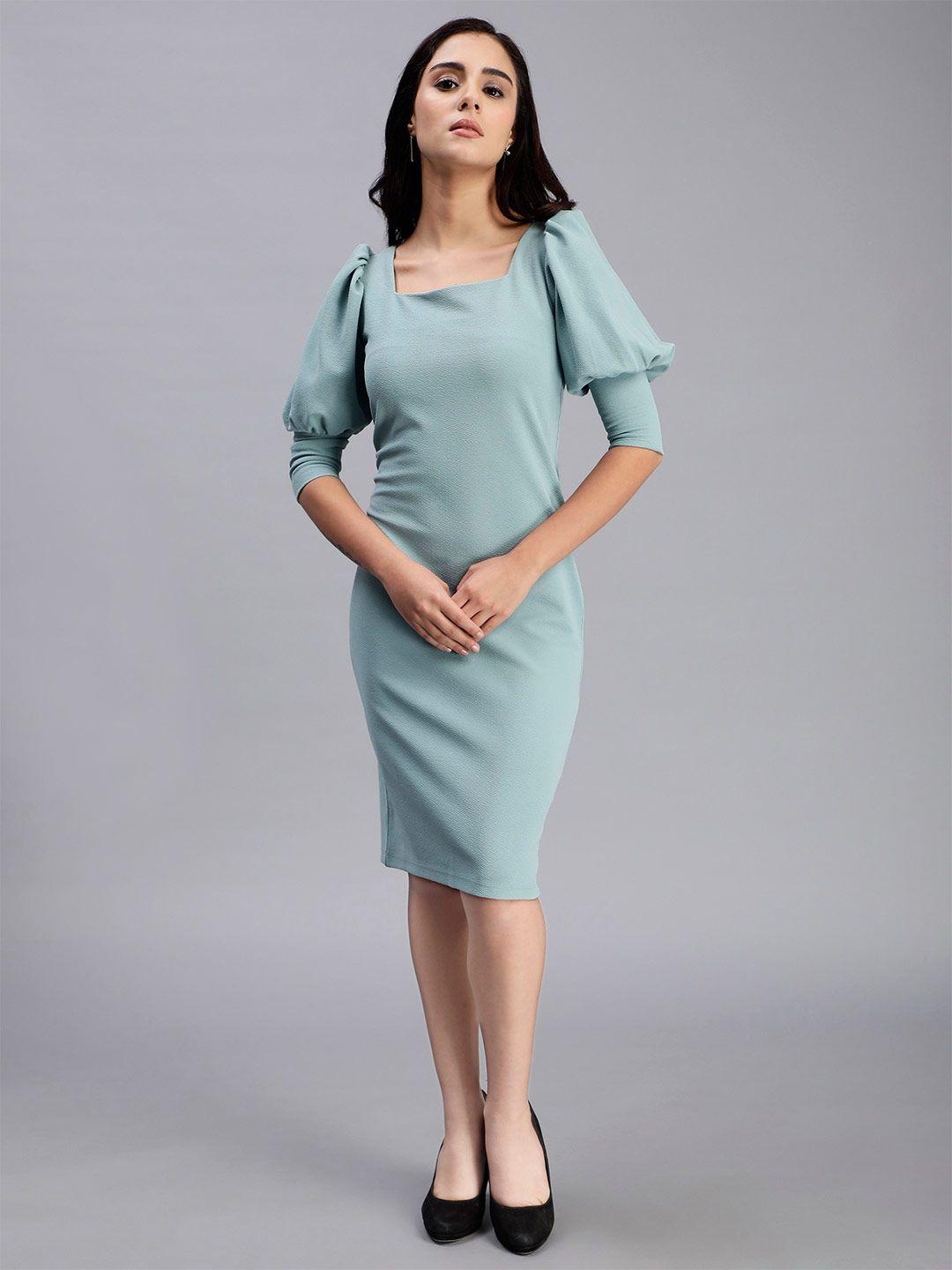 the roadster lifestyle co. green square neck puff sleeves sheath dress