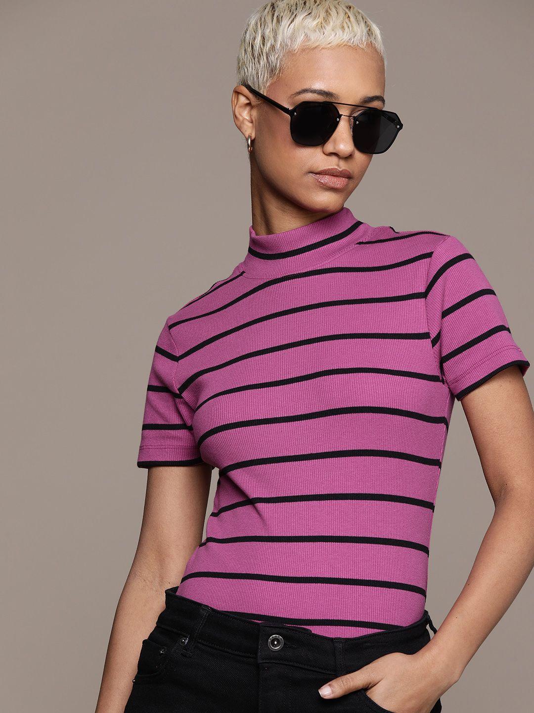 the roadster lifestyle co. horizontal striped mock neck fitted top