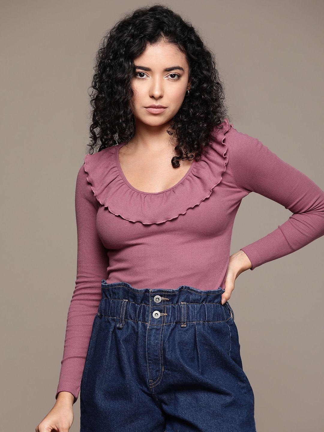 the roadster lifestyle co. knitted slim scoop neck ruffled top