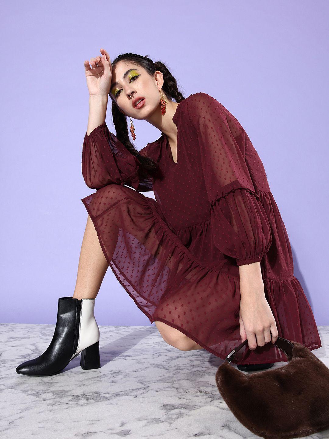 the roadster lifestyle co. maroon pure cotton dobby tired emo 2.0 sheer saga a-line dress