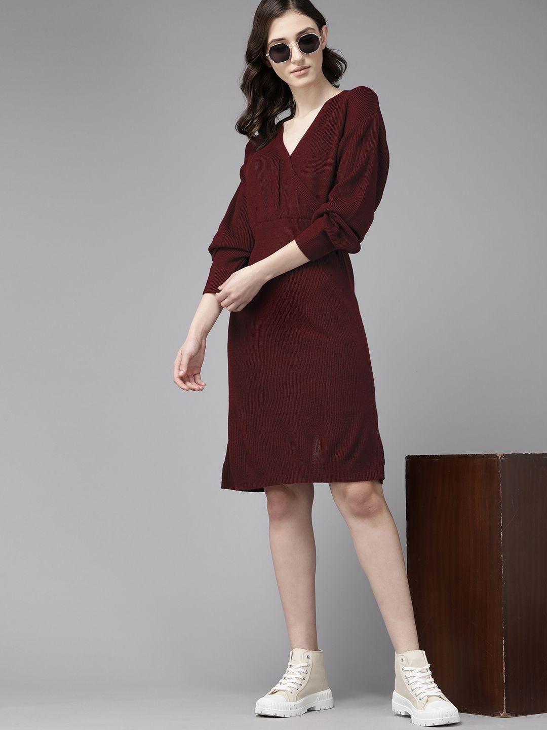 the roadster lifestyle co. maroon solid wrap acrylic sweater dress