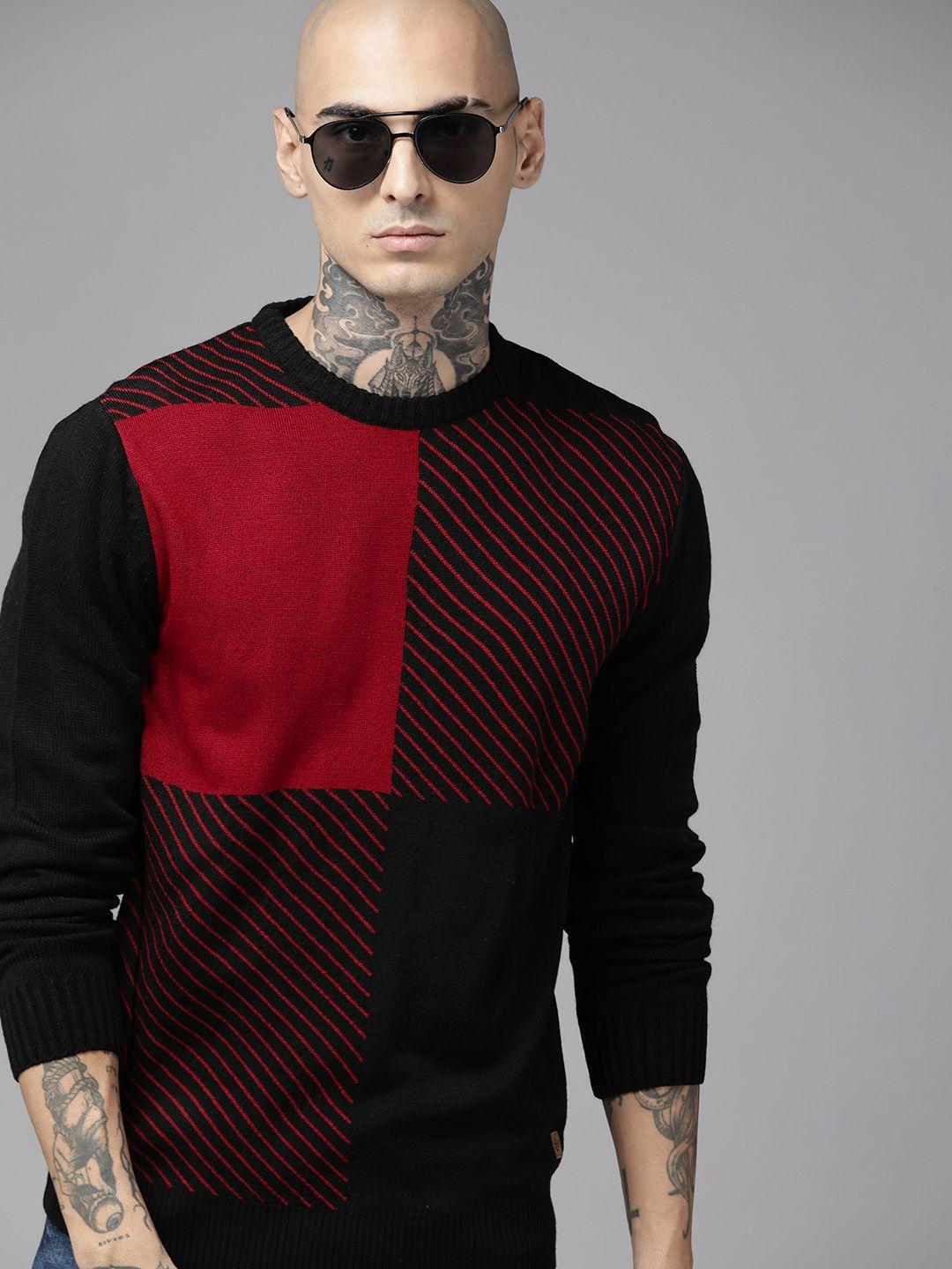 the roadster lifestyle co. men black & maroon colourblocked pullover