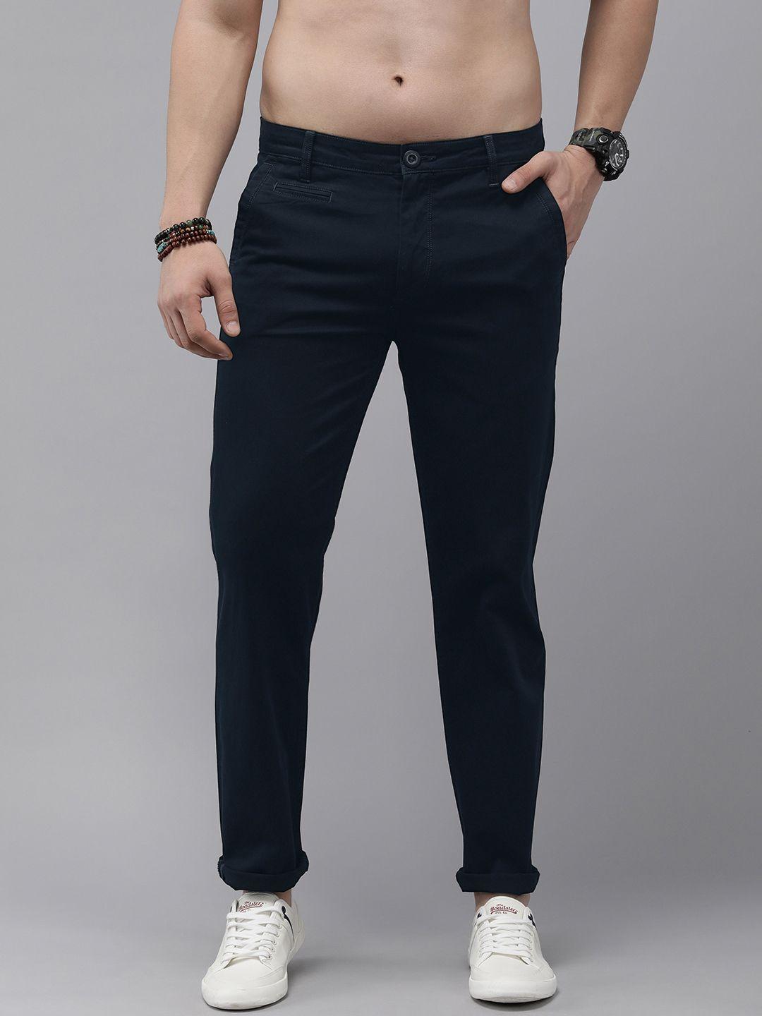 the roadster lifestyle co. men flat front mid rise slim fit trousers