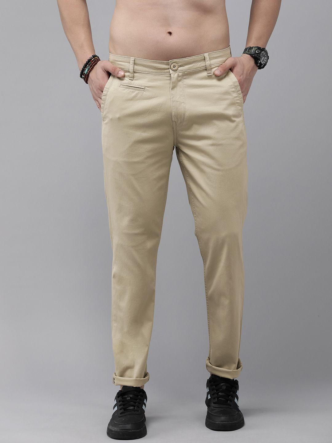 the roadster lifestyle co. men flat front mid rise slim fit trousers