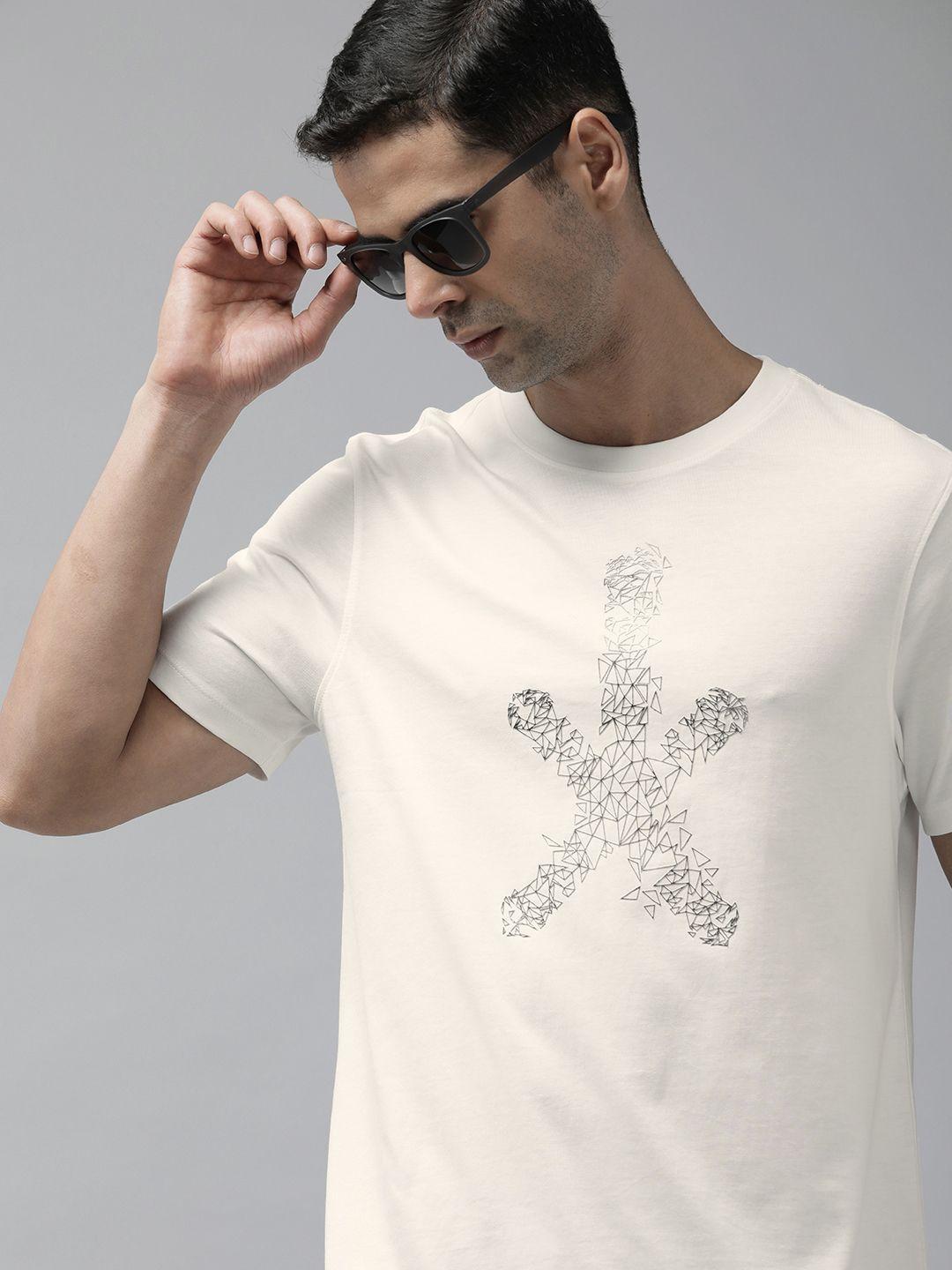 the roadster lifestyle co. men geometric printed pure cotton applique t-shirt