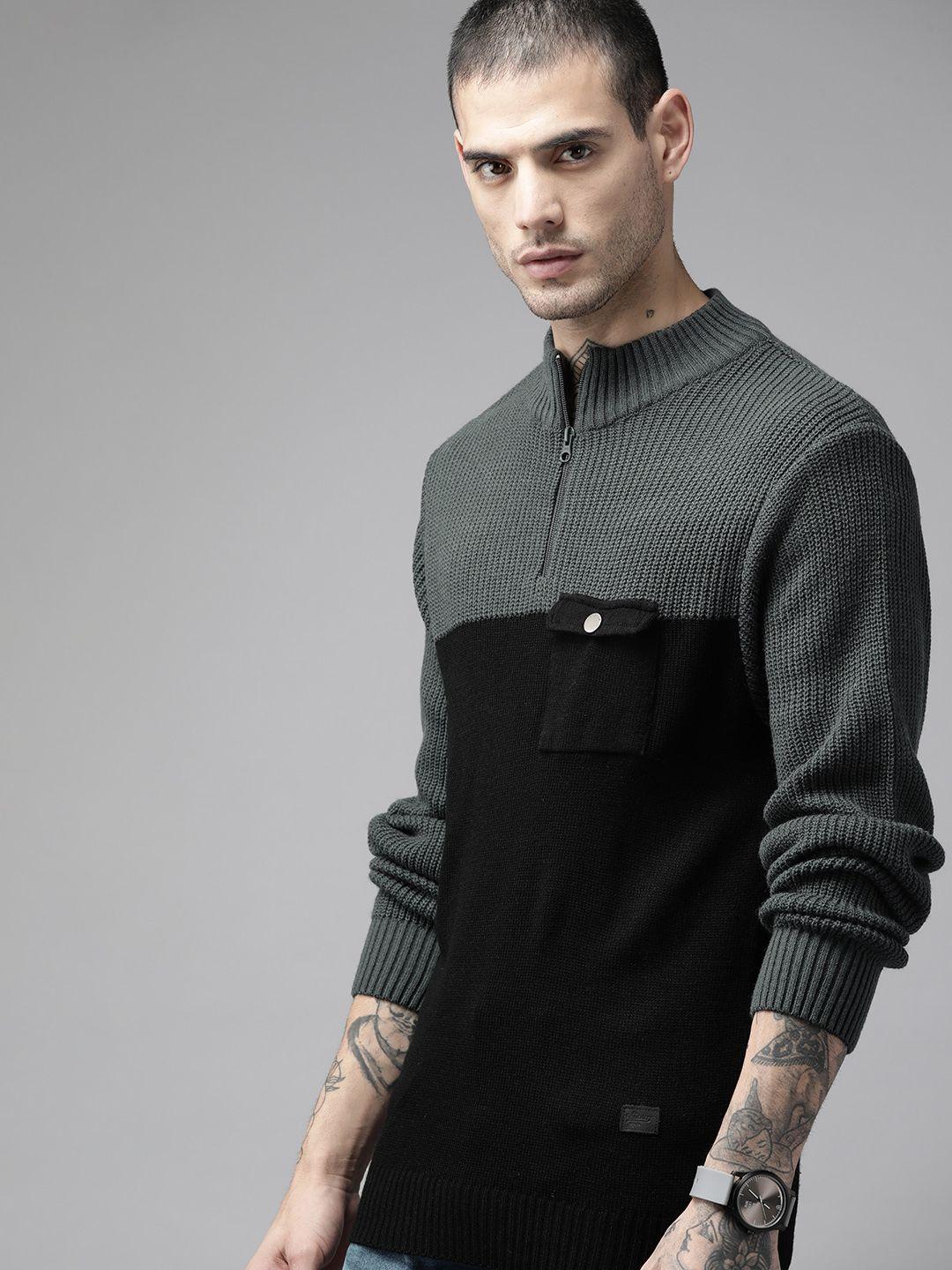 the roadster lifestyle co. men grey & black colourblocked pullover with pocket detail