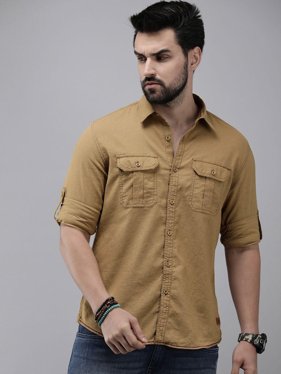 the roadster lifestyle co. men linen cotton solid regular fit casual shirt