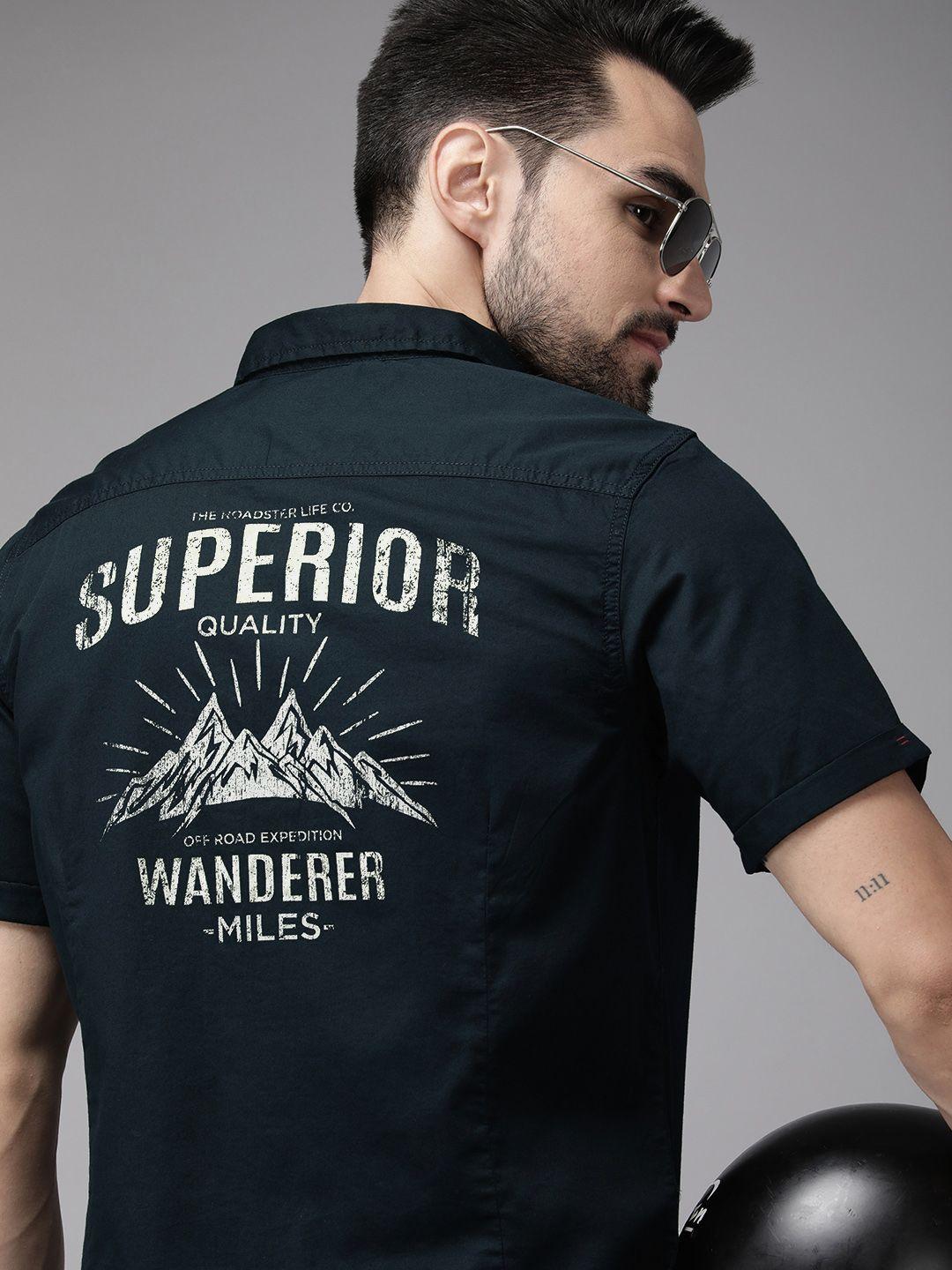 the roadster lifestyle co. men navy blue graphic printed slim fit pure cotton sustainable  shirt