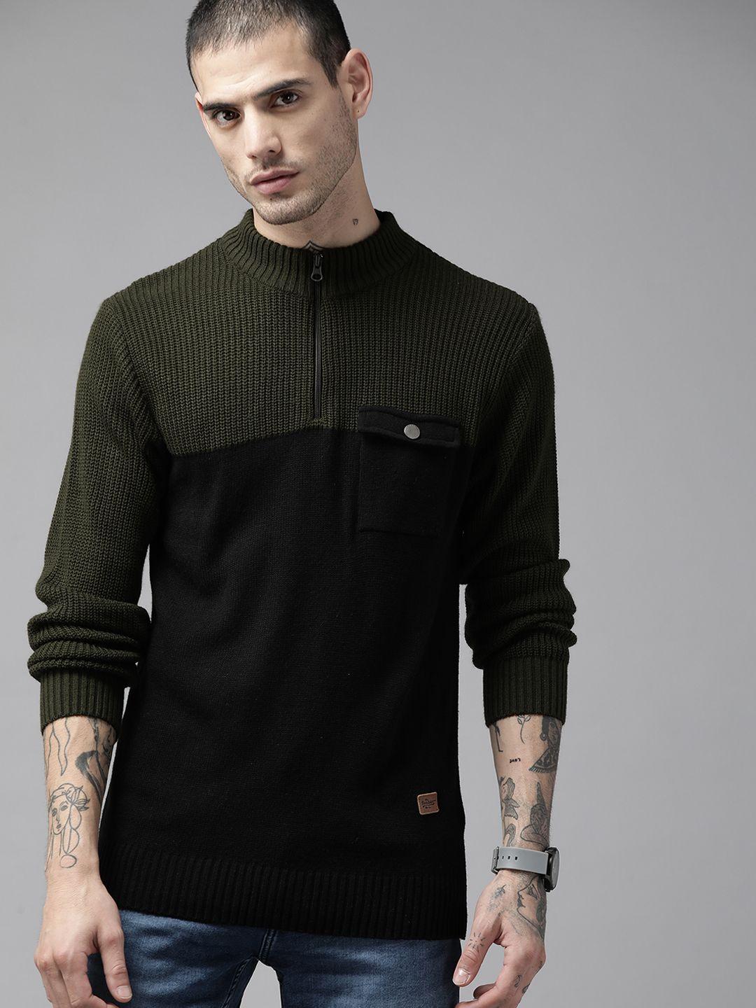the roadster lifestyle co. men olive green & black colourblocked acrylic pullover
