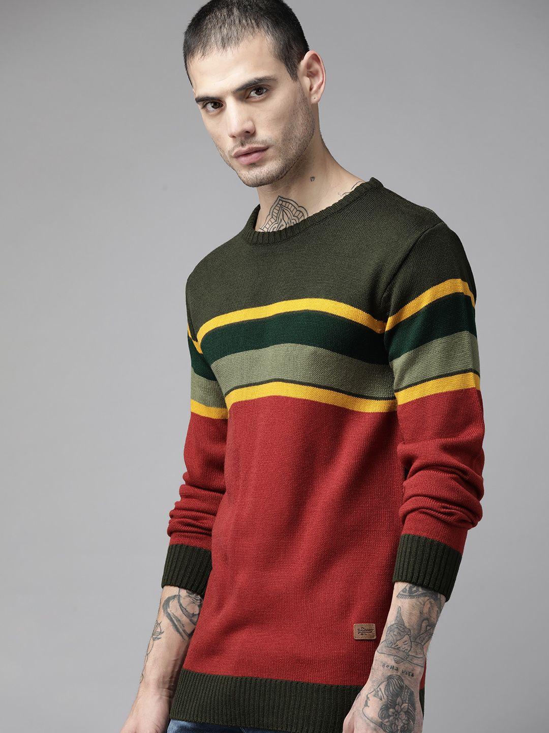 the roadster lifestyle co. men red & olive green striped acrylic pullover