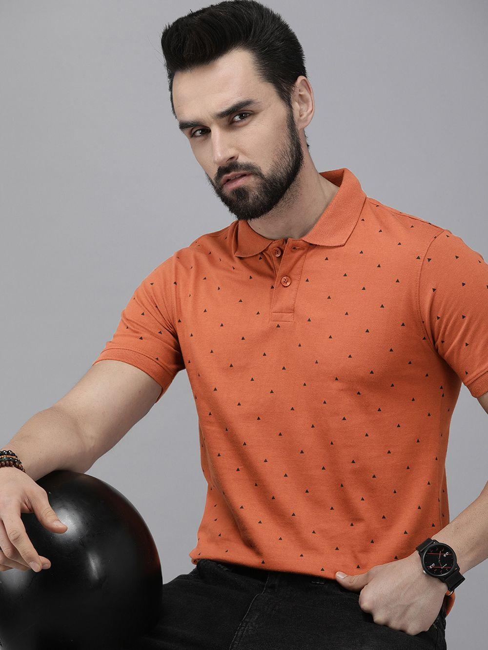 the roadster lifestyle co. men rust orange & black printed polo collar pure cotton t-shirt