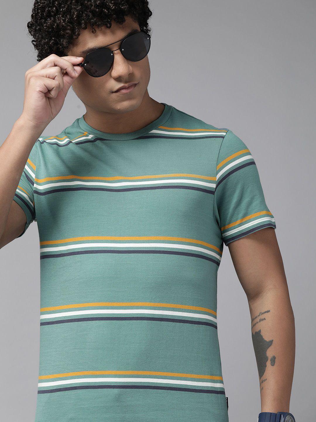 the roadster lifestyle co. men sea green & white striped pure cotton t-shirt