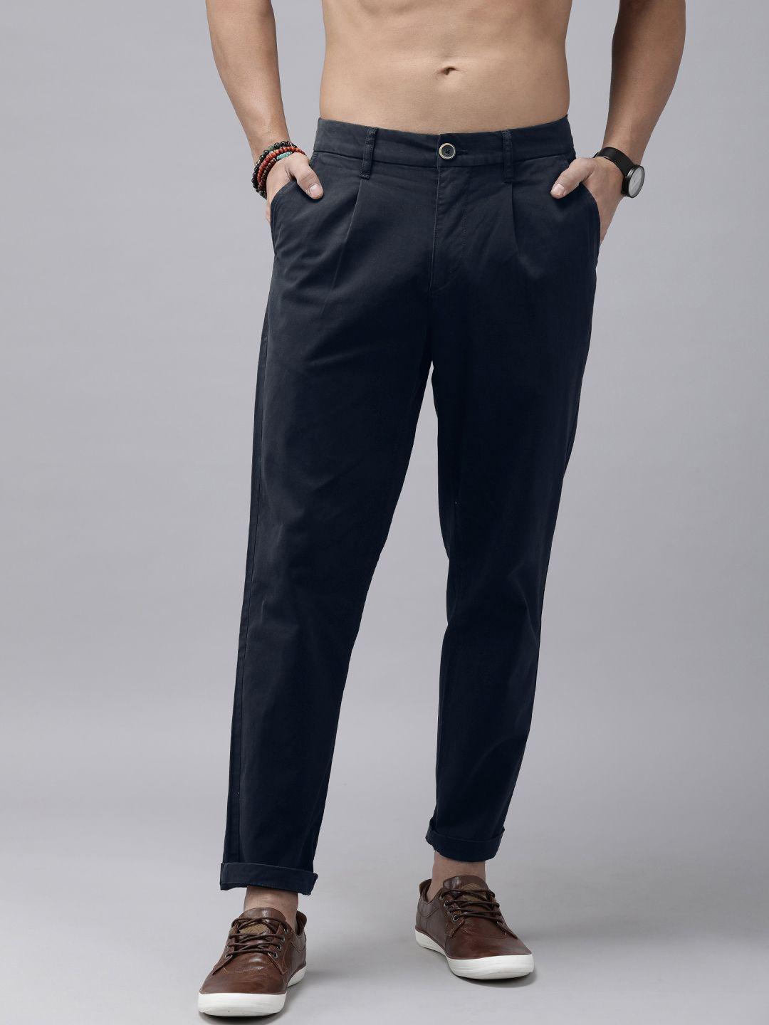 the roadster lifestyle co. men solid relaxed fit pleated chinos trousers