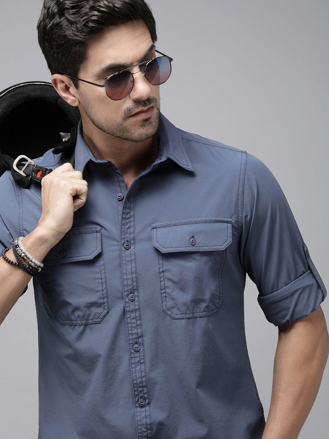 the roadster lifestyle co. men solid roll up sleeves casual shirt with pocket detailing