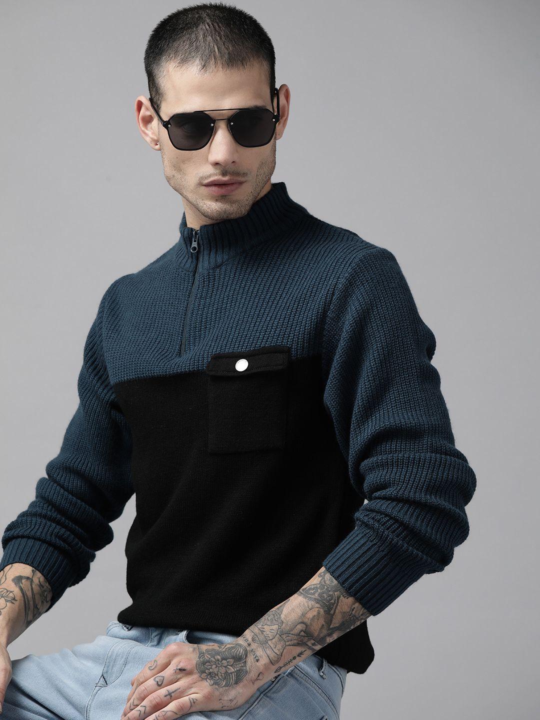the roadster lifestyle co. men teal blue & black colourblocked pullover with pocket detail
