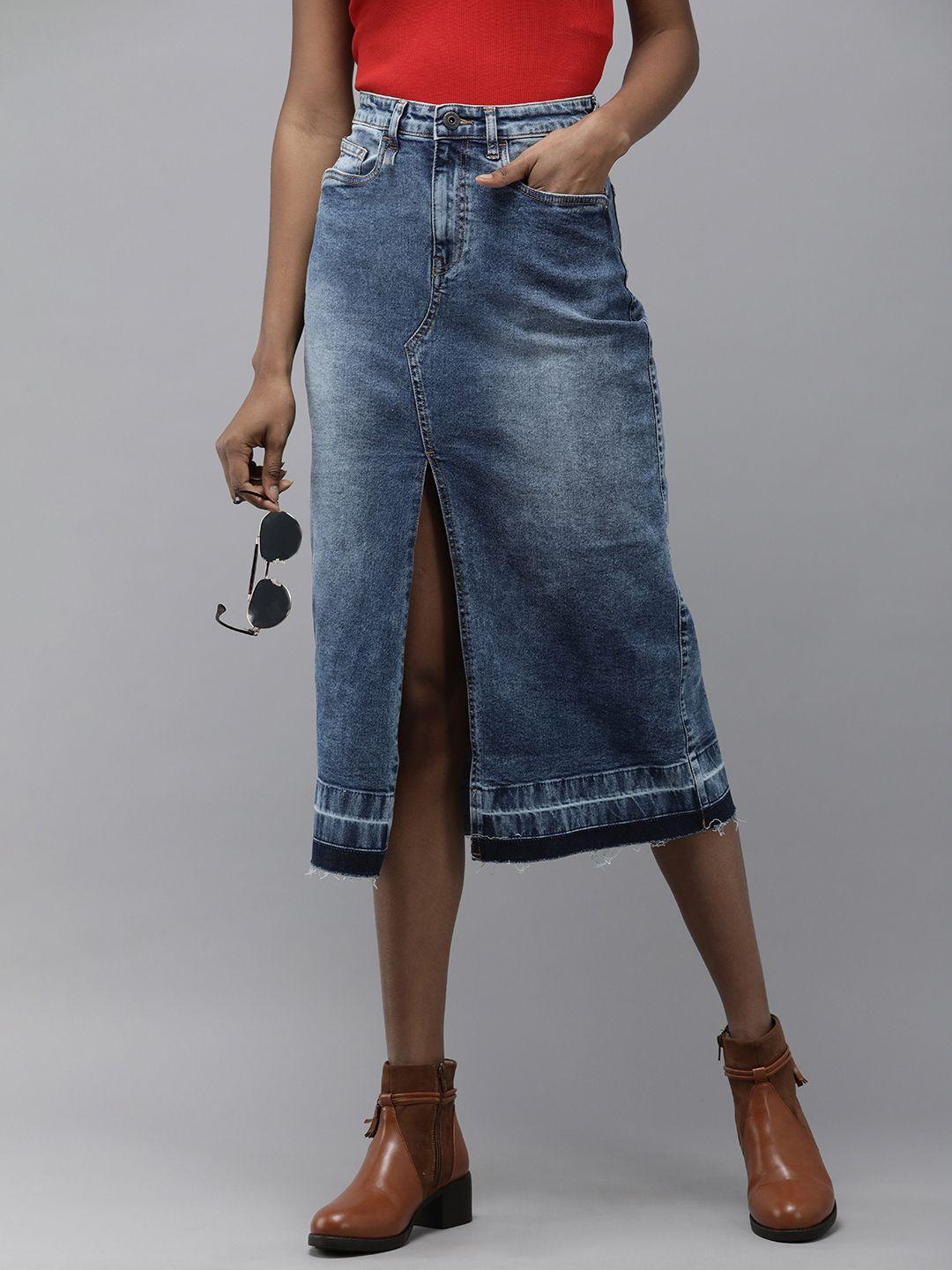 the roadster lifestyle co. mid rise faded denim straight skirt with slit