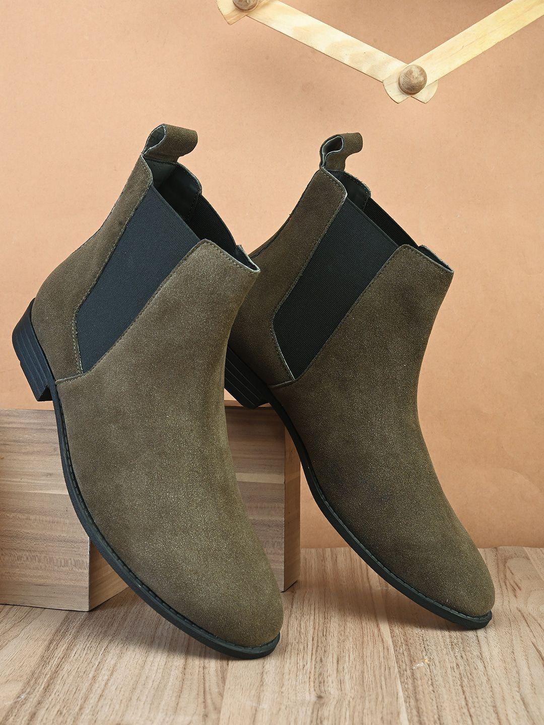 the roadster lifestyle co. olive green faux leather round toe chelsea boots