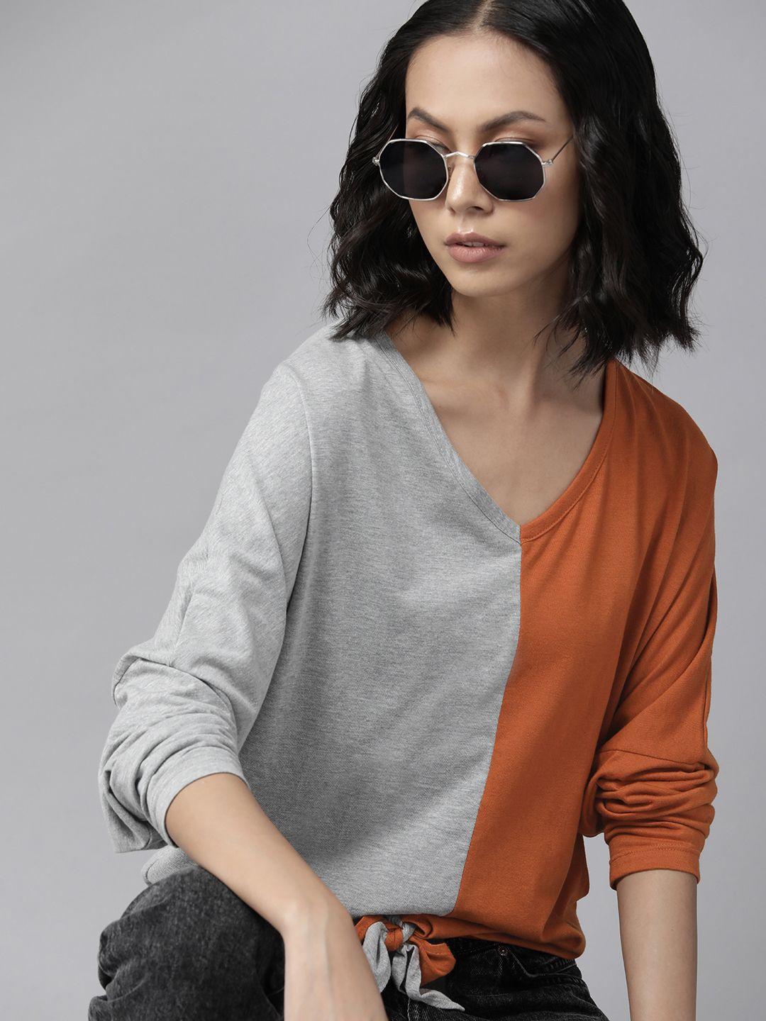 the roadster lifestyle co. orange & grey colourblocked extended sleeves front tie-up top