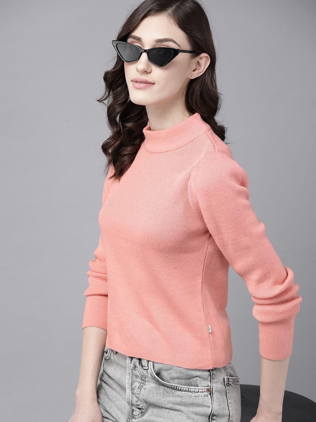 the roadster lifestyle co. peach-coloured ribbed acrylic puff sleeves pullover