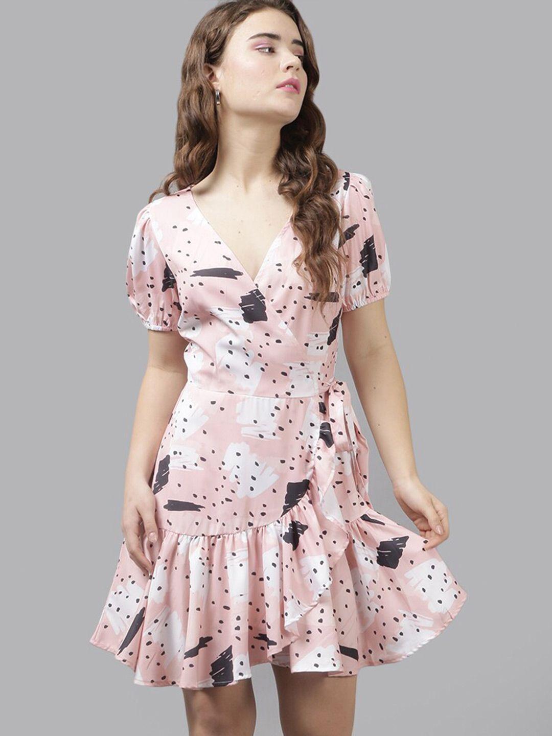 the roadster lifestyle co. pink abstract printed puffed sleeves ruffles wrap dress