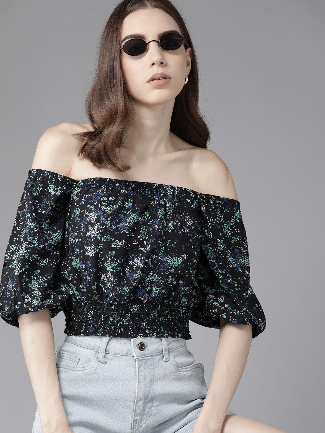 the roadster lifestyle co. printed off-shoulder bardot crop top