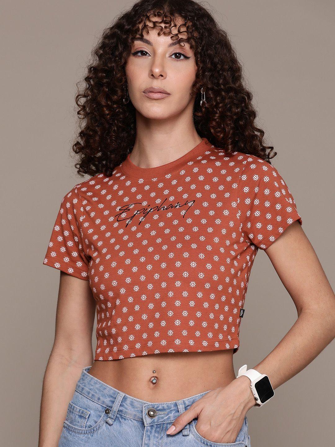 the roadster lifestyle co. printed slim fit crop t-shirt