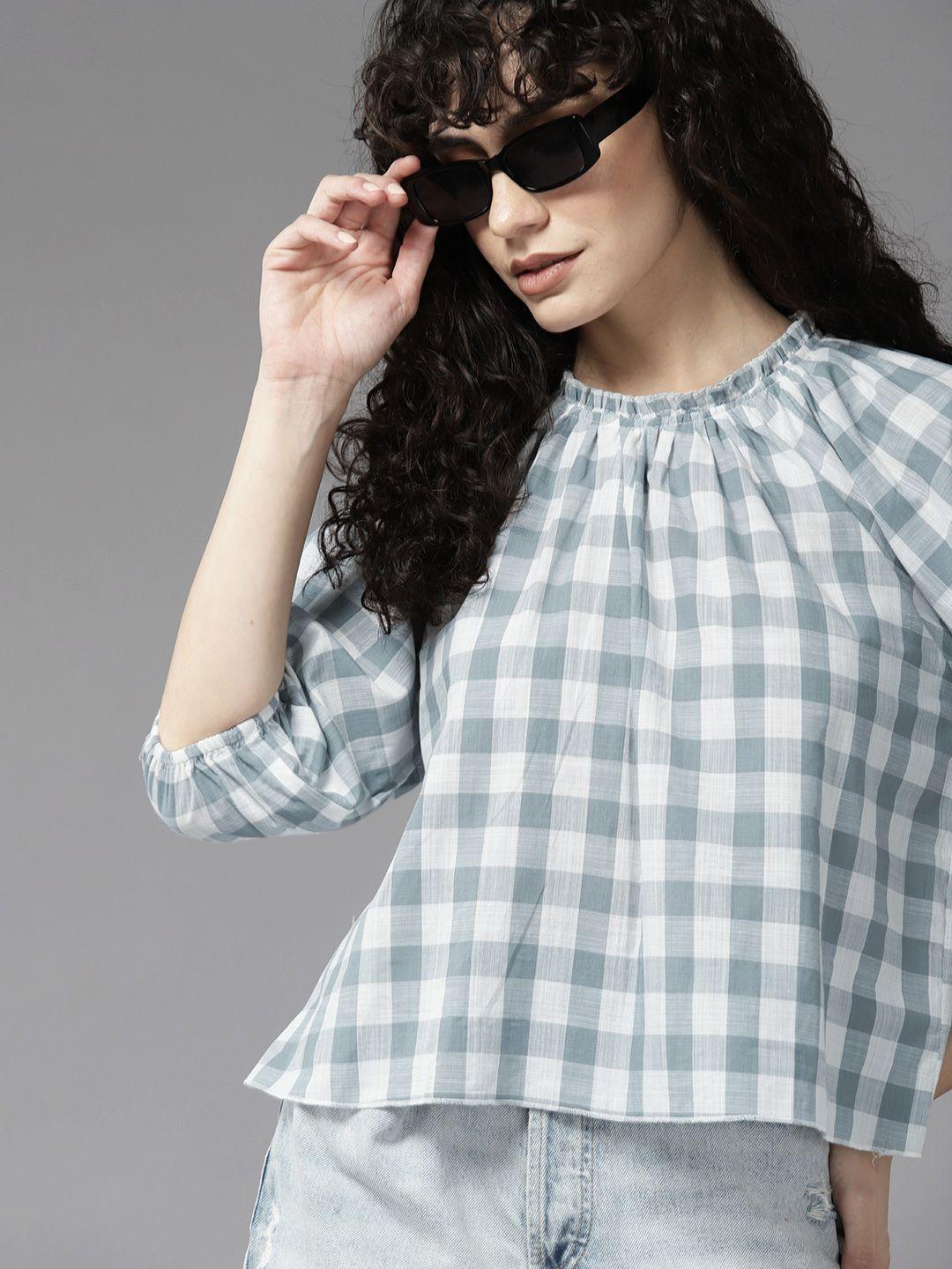 the roadster lifestyle co. pure cotton checked puff sleeve cotton top