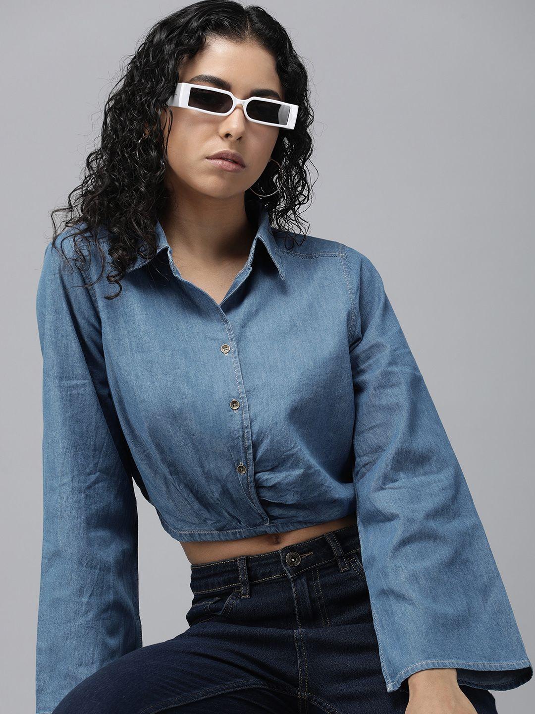 the roadster lifestyle co. pure cotton flared sleeves chambray shirt style crop top