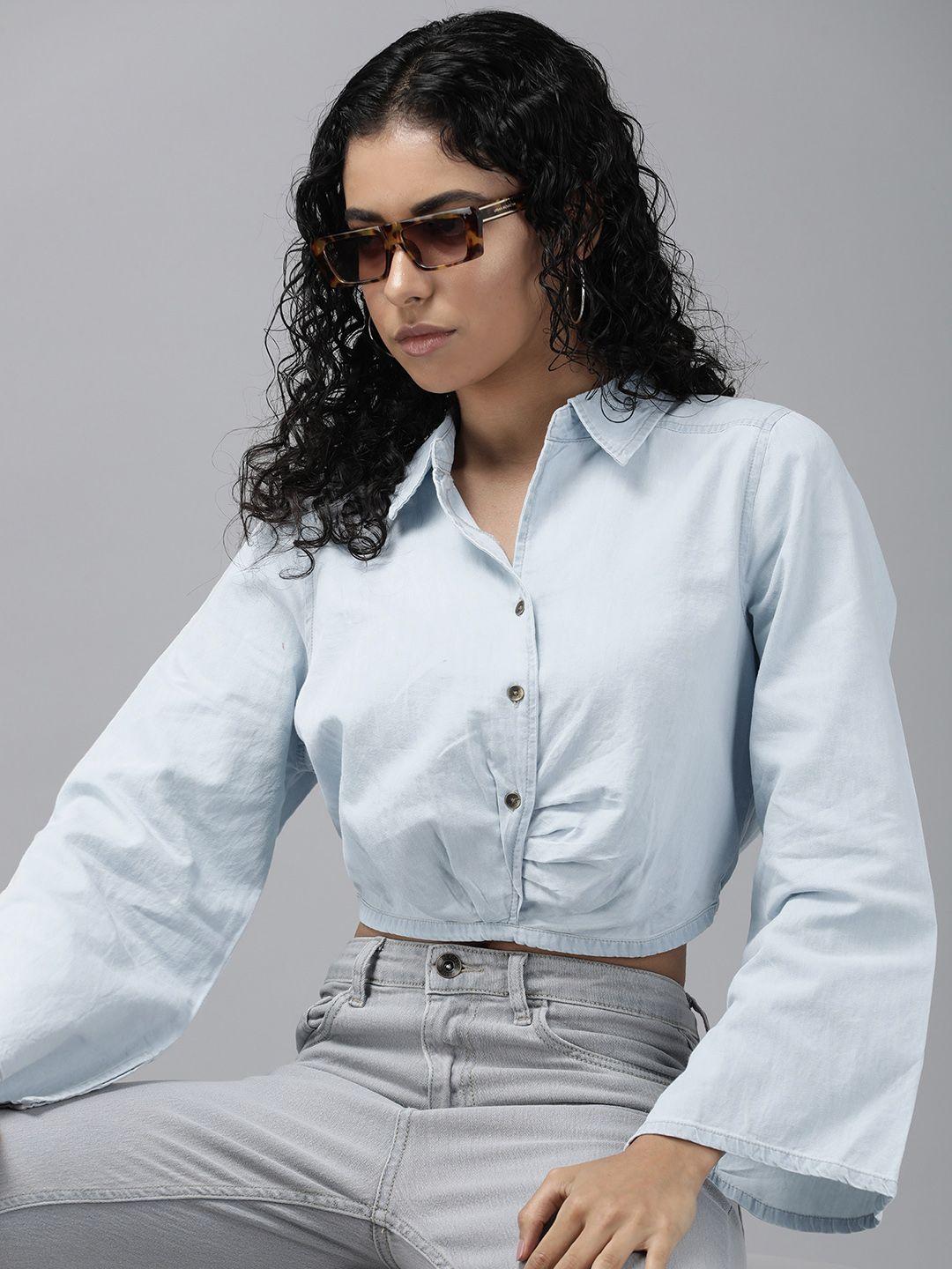 the roadster lifestyle co. pure cotton flared sleeves chambray shirt style crop top