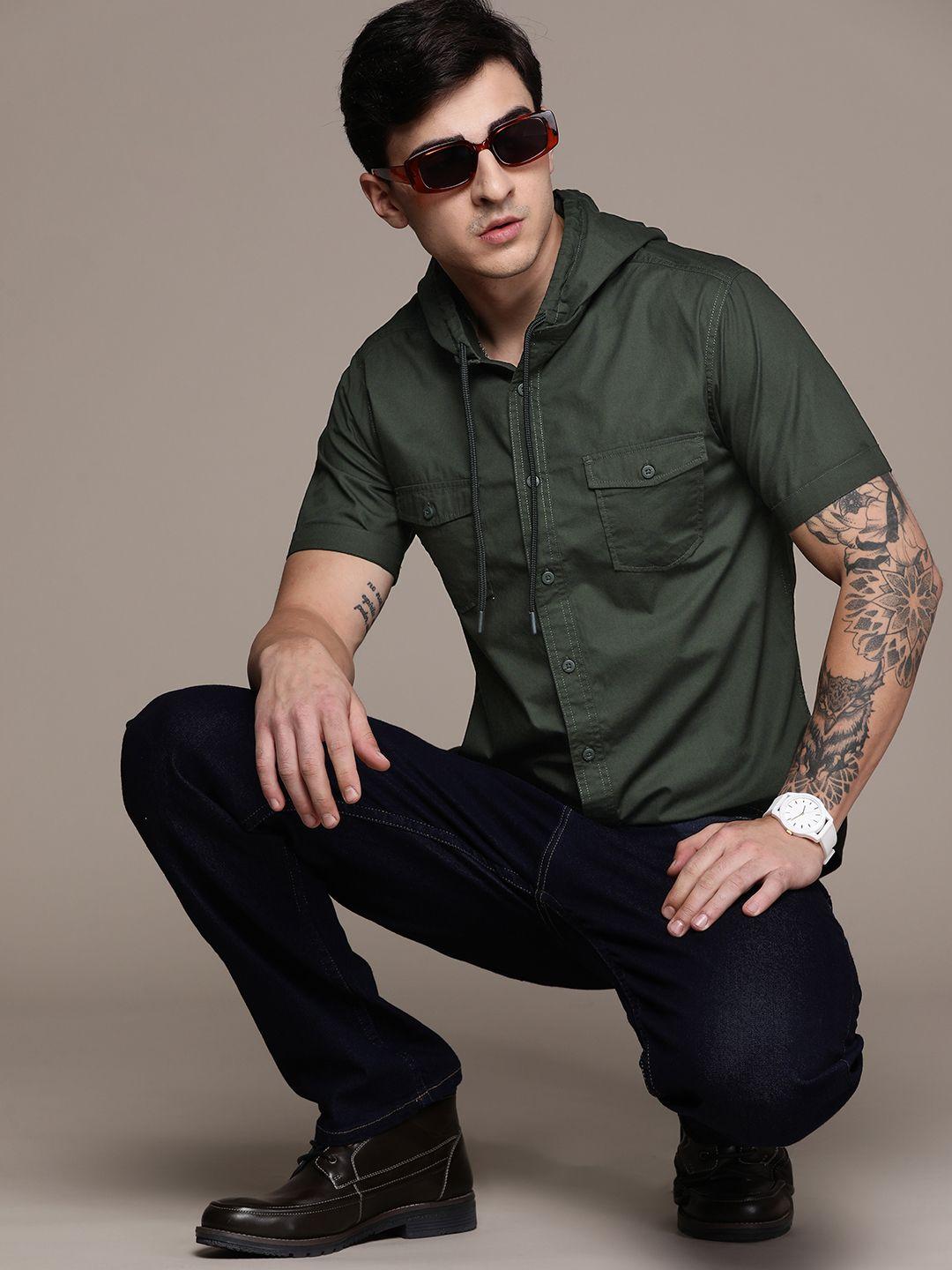 the roadster lifestyle co. pure cotton hooded casual shirt