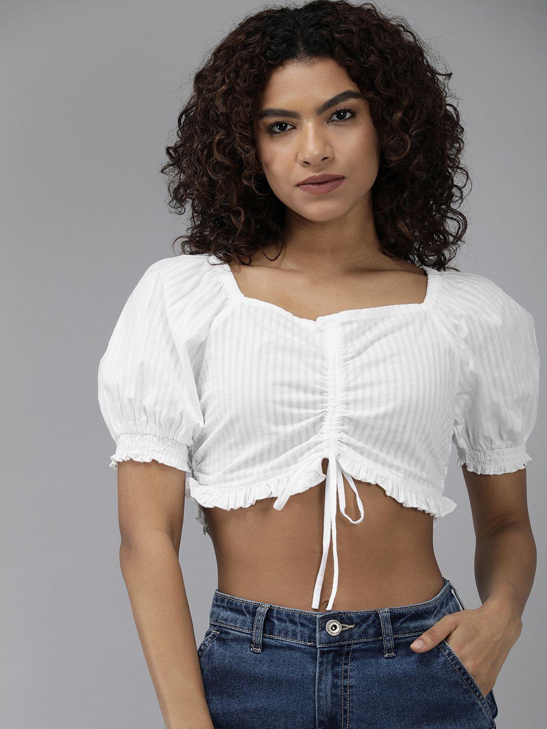 the roadster lifestyle co. pure cotton striped blouson crop top with tie up details