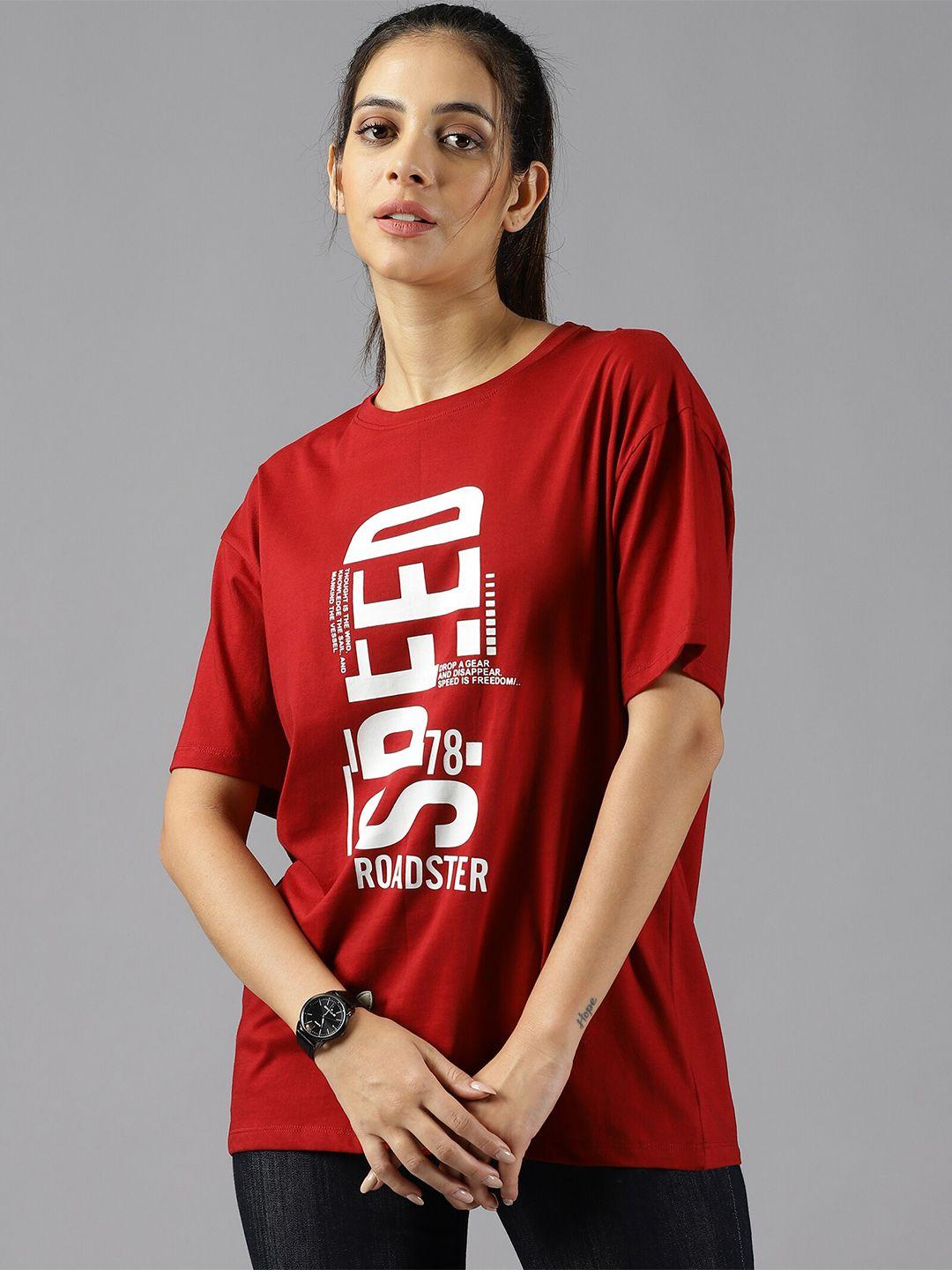 the roadster lifestyle co. red printed pure cotton oversized t-shirt