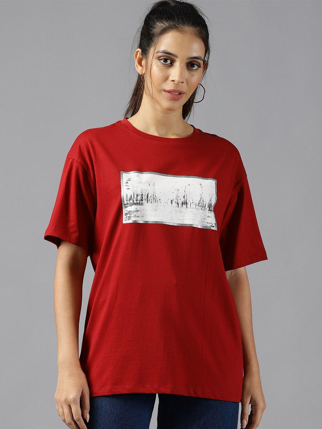 the roadster lifestyle co. red printed pure cotton oversized t-shirt