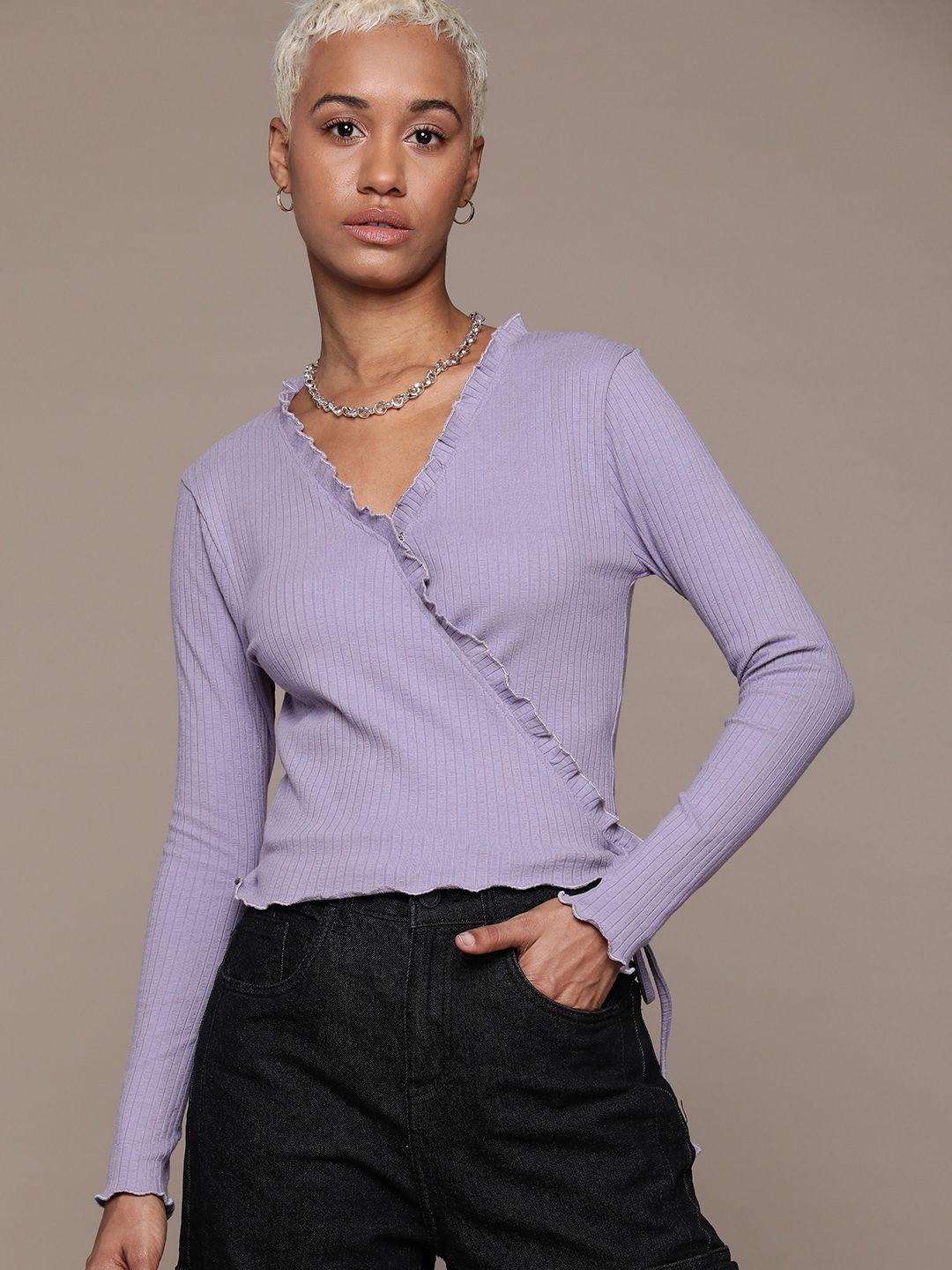 the roadster lifestyle co. ribbed wrap top with tie-up &  lettuce edges