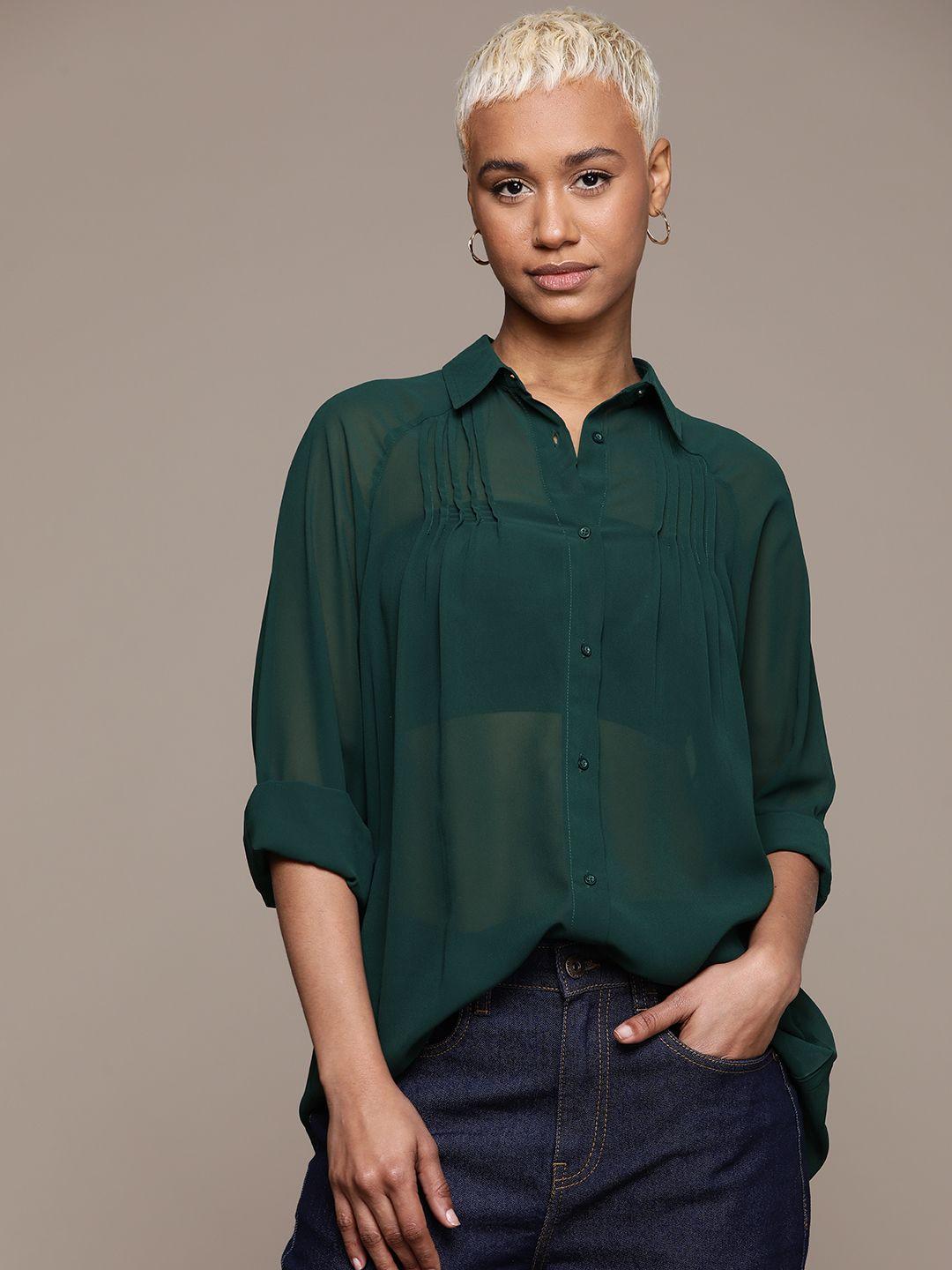 the roadster lifestyle co. sheer spread collar pleated detail shirt