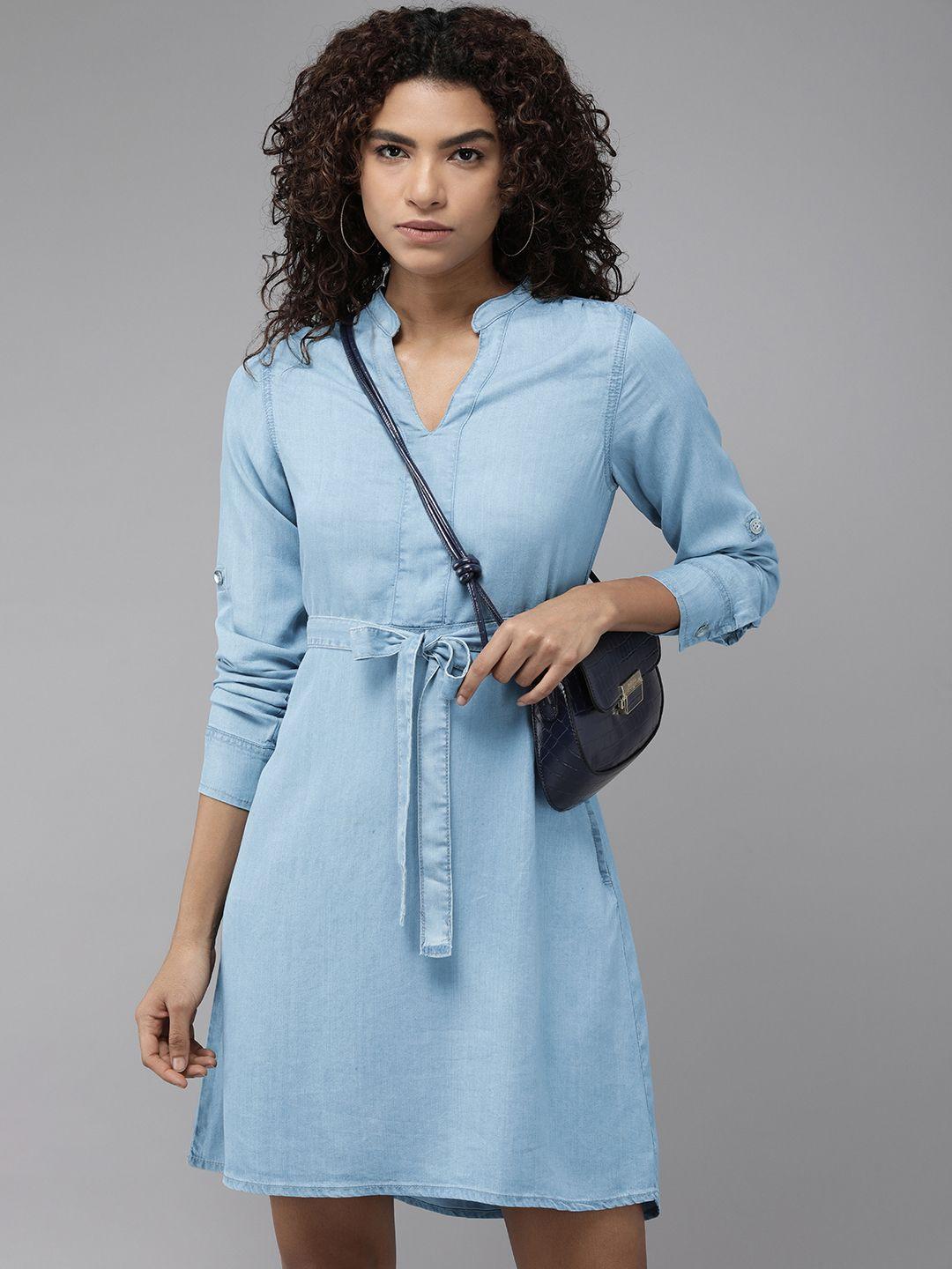 the roadster lifestyle co. solid denim a-line dress with belt detailing