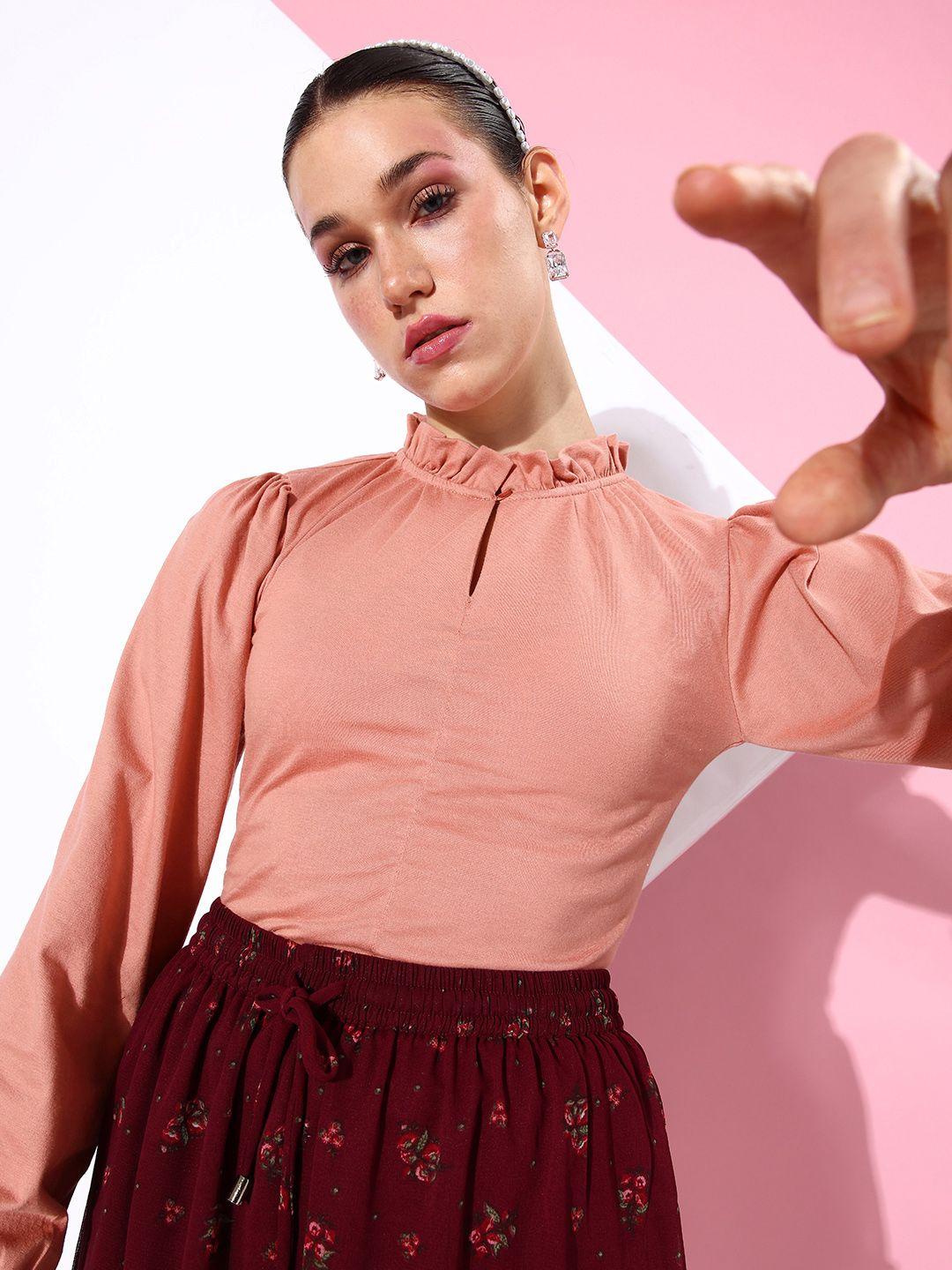 the roadster lifestyle co. solid puff sleeve ruffled top with gathered collar