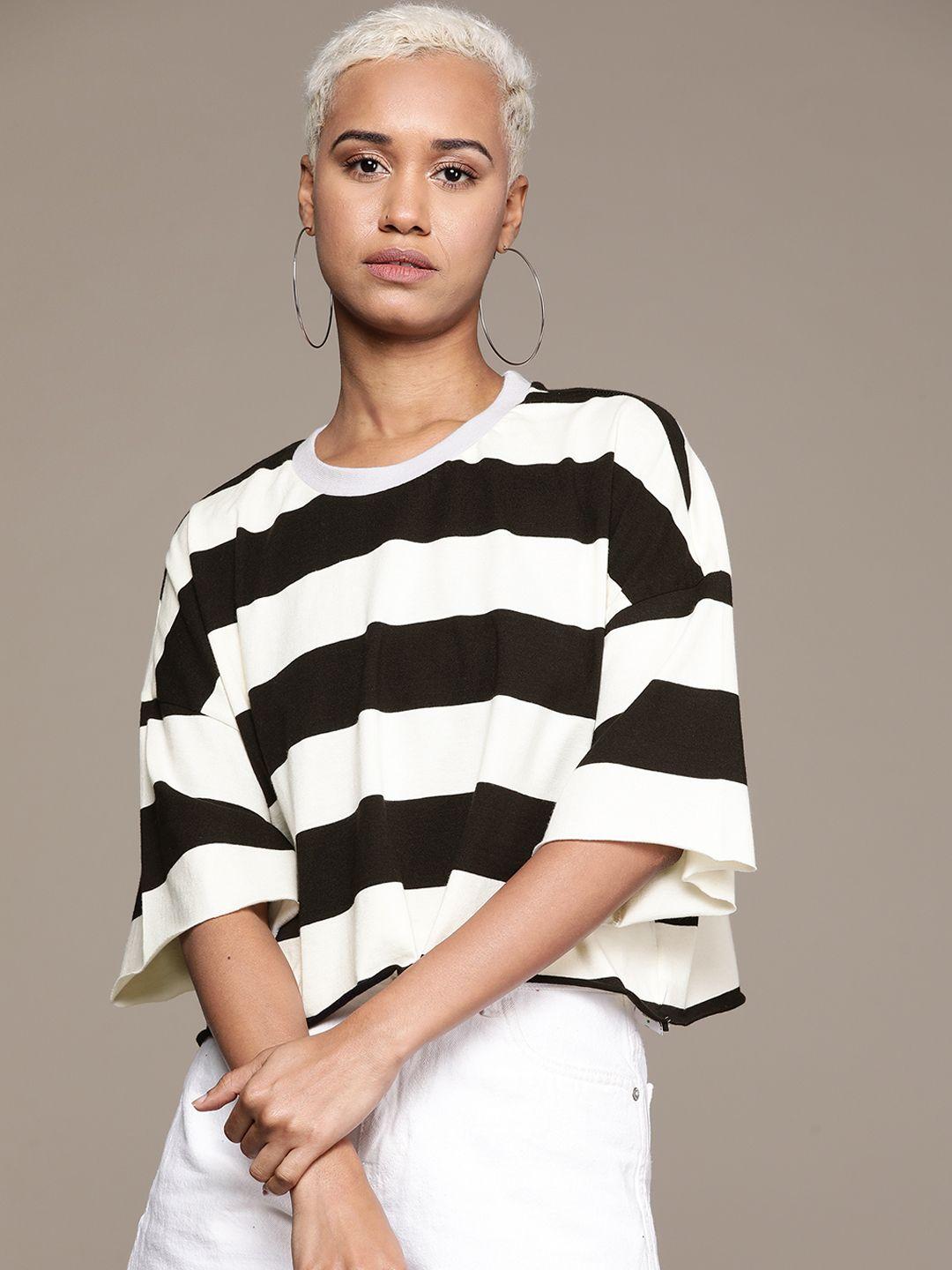 the roadster lifestyle co. striped drop-shoulder sleeves pure cotton boxy t-shirt