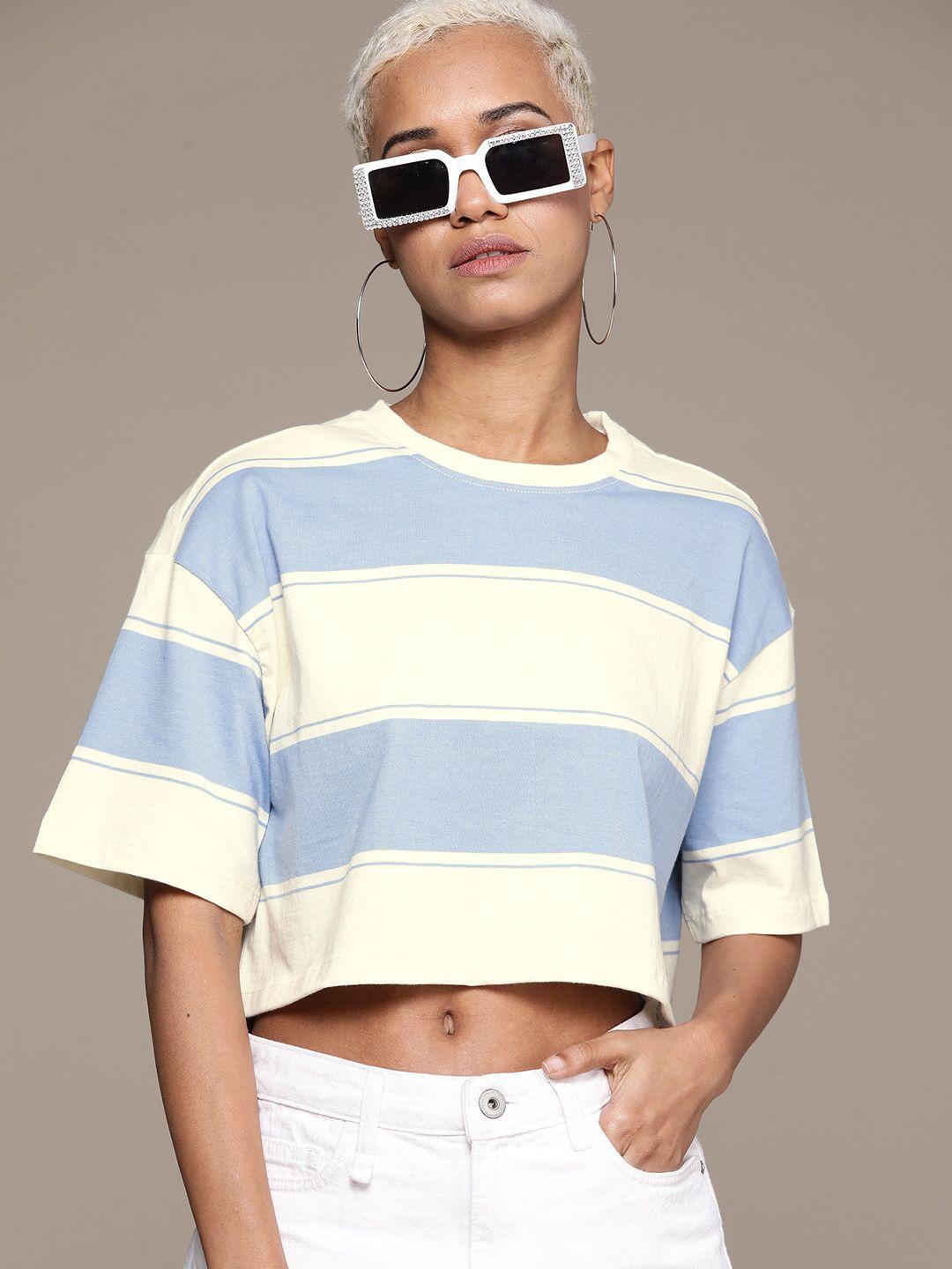 the roadster lifestyle co. striped drop-shoulder sleeves pure cotton cropped boxy t-shirt