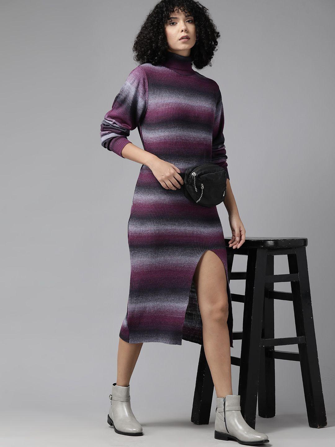 the roadster lifestyle co. striped front slit acrylic sweater dress