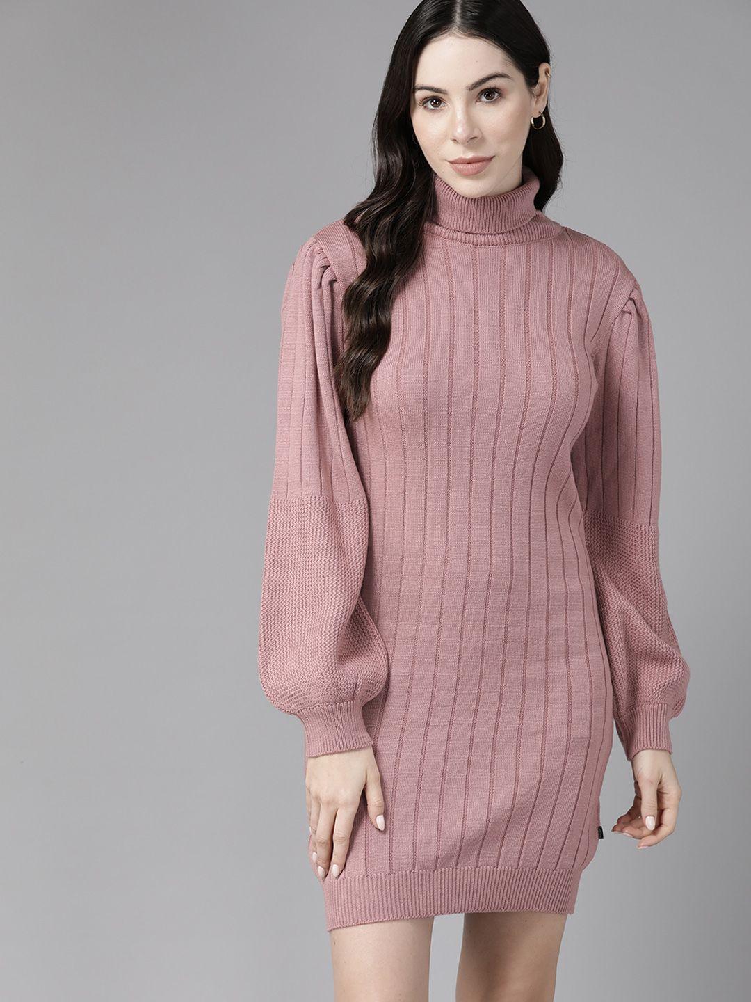 the roadster lifestyle co. turtle neck puff sleeves ribbed acrylic jumper dress