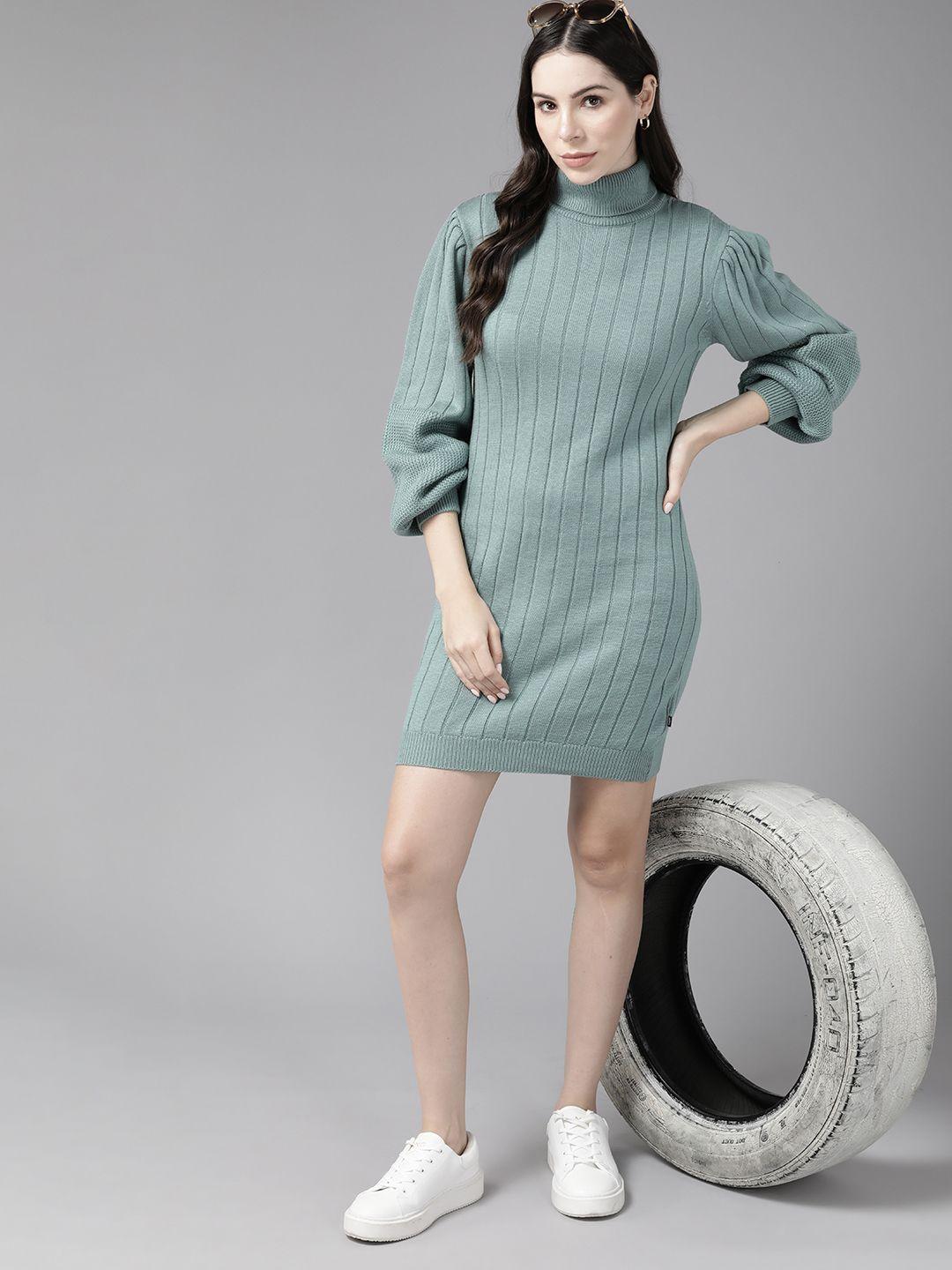 the roadster lifestyle co. turtle neck puff sleeves solid acrylic jumper dress